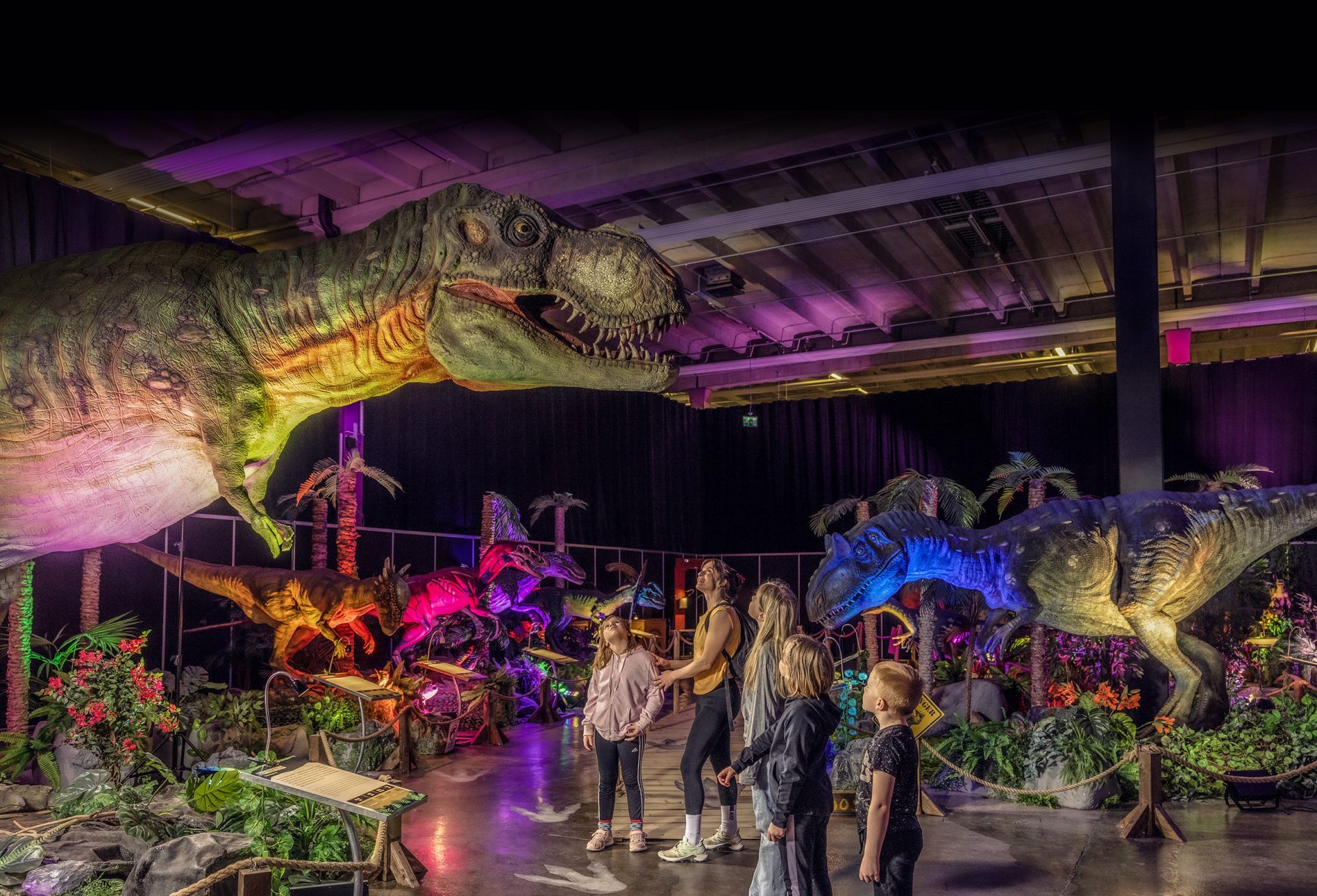 Näyttelyvieraat ihastelevat luonnollisen kokoista Tyrannosaurus Rex -dinosaurusta.