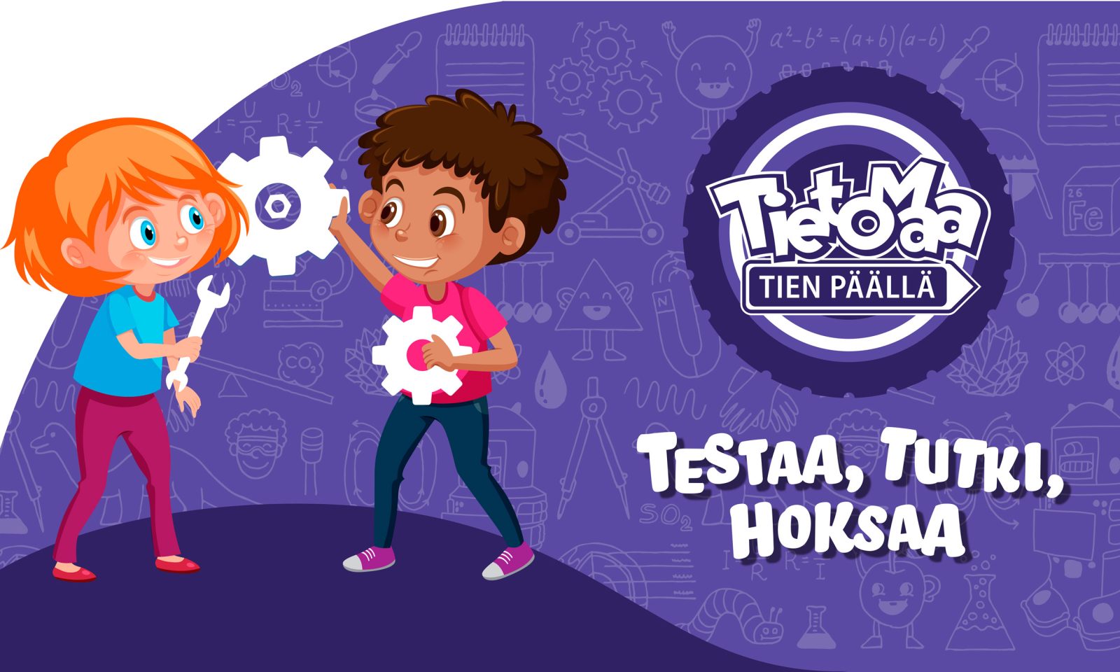 kaksi piirrettyä lasta tiedeaiheisessa ympäristössä