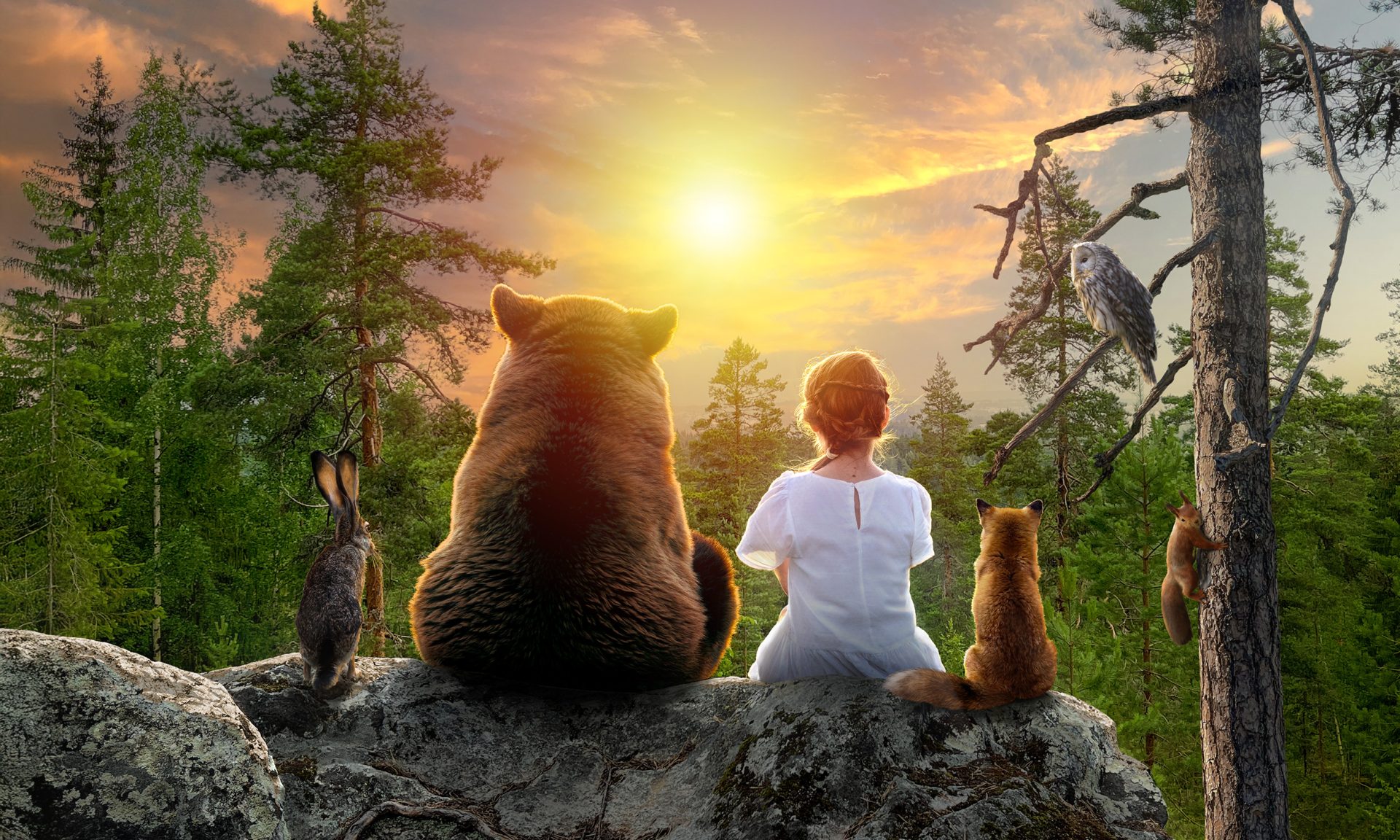 View from behind. A little girl sits on a rock, watching a beautiful forest landscape at sunset. She is accompanied by forest animals: a rabbit, a bear, a fox, an owl, and a squirrel.