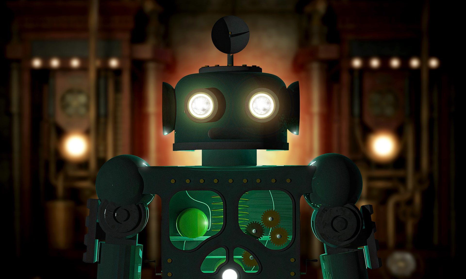 Puolikuva. Robotti seisoo pimeässä tehdasmiljöössä. Robotin silmissä palaa valo.