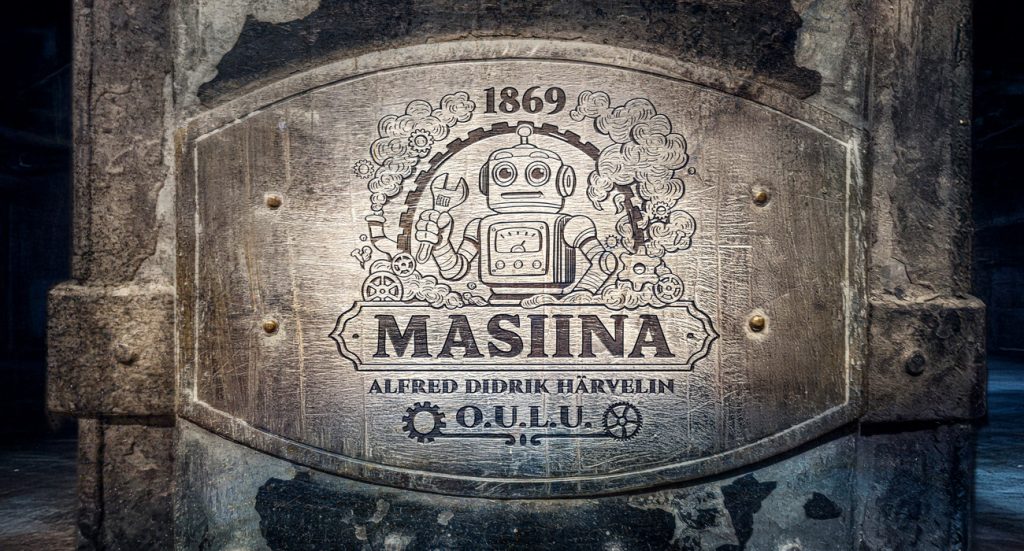 Hämyisä vanha tehdastila. Lähikuva suuresta teräskannesta, johon on painettu logo. Logossa lukee Masiina ja siinä on kuvattu sympaattisen näköinen robotti jakoavain kädessä.