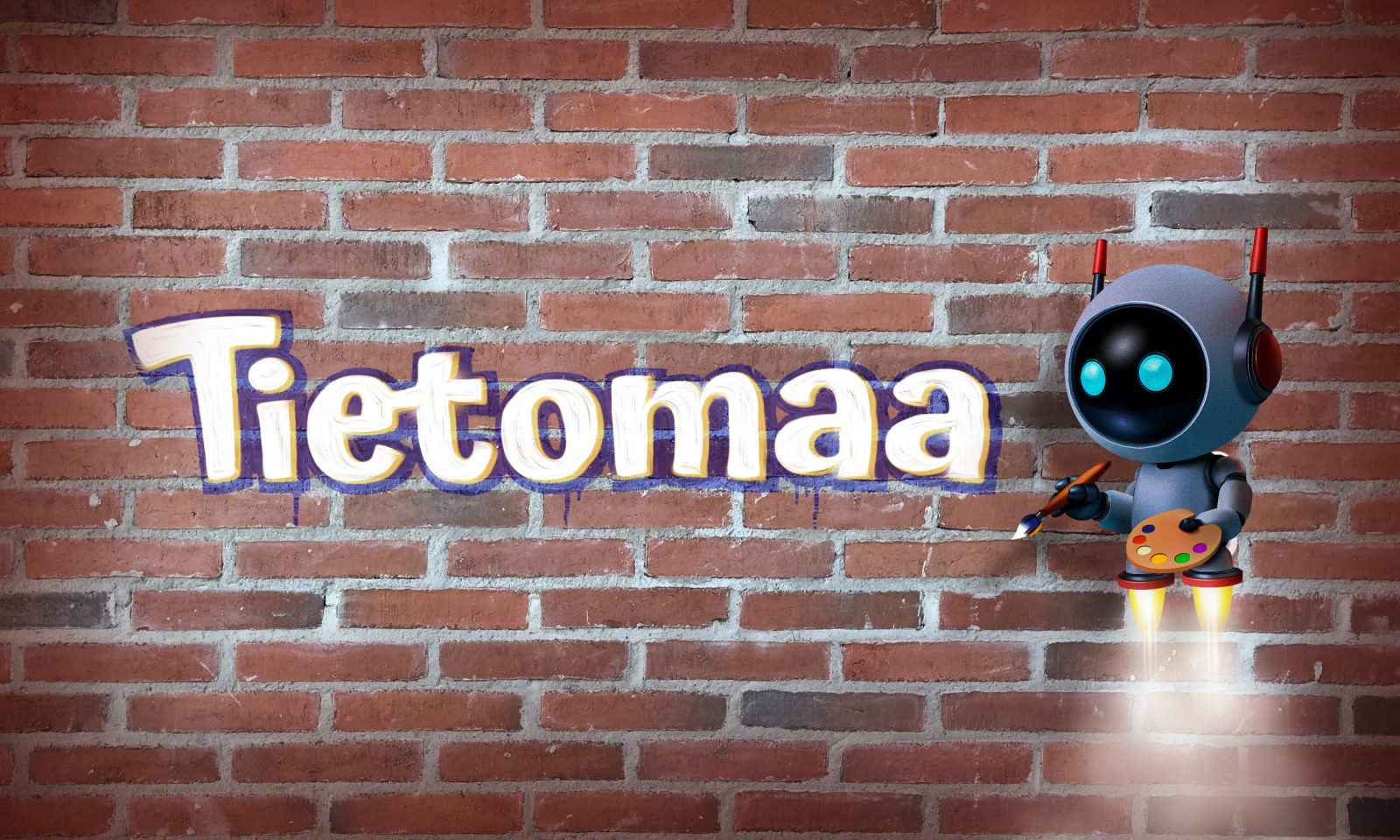 Tiiliseinä, johon leikkisän näköinen robotti on maalannut tekstin "Tietomaa".