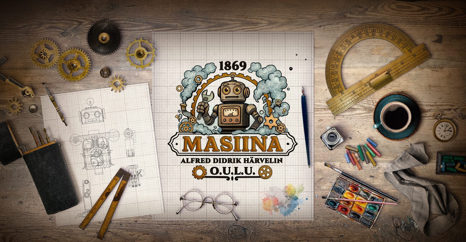 Vanha työpöytä, jossa on erilaisia esineitä: kellorattaita, kyniä ja vesivärit. Keskellä pöytää on suuri paperi, jolle on piirretty robottiaiheinen tunnus, jossa lukee isolla Masiina.