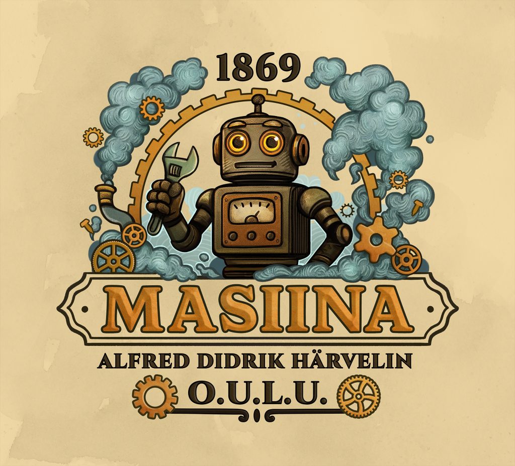 Robottiaiheinen tunnus, jossa lukee Masiina. Vaalealla pohjalla oleva versio.