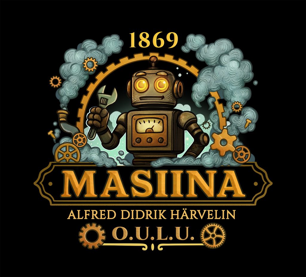 Robottiaiheinen tunnus, jossa lukee Masiina. Mustalla pohjalla oleva versio.