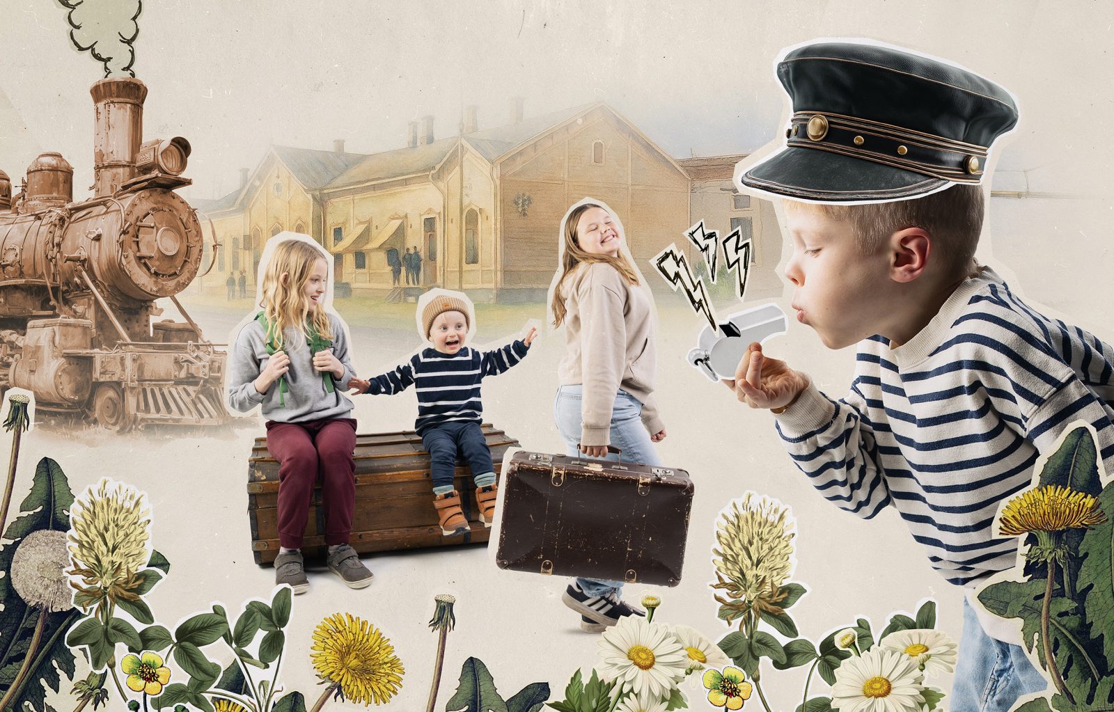 Lapsia puuhastelemassa, kuten kantamassa matkalaukkua ja puhaltamassa pilliin. Ympärillä näkyy kukkia, juna ja puinen rakennus. Kuva on leikekirjamainen ja siinä on vanhan ajan tuntua.